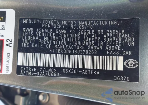 2011 Toyota Avalon Limited z USA, uszkodzony, nr VIN 4T1BK3DB1BU378268